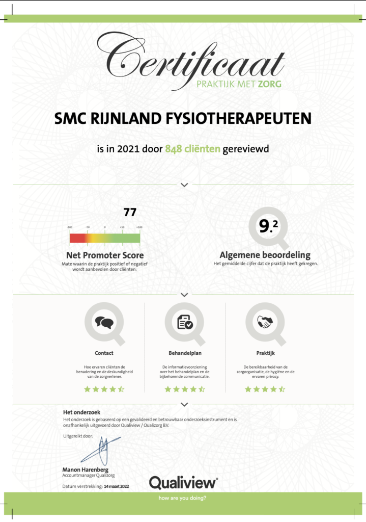 Certificaat Qualiview 2021 SMC Rijnland Fysiotherapie Leiden Zoetermeer